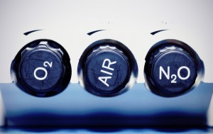 Close-up view of laughing gas knobs that say O2, AIR, and N2.